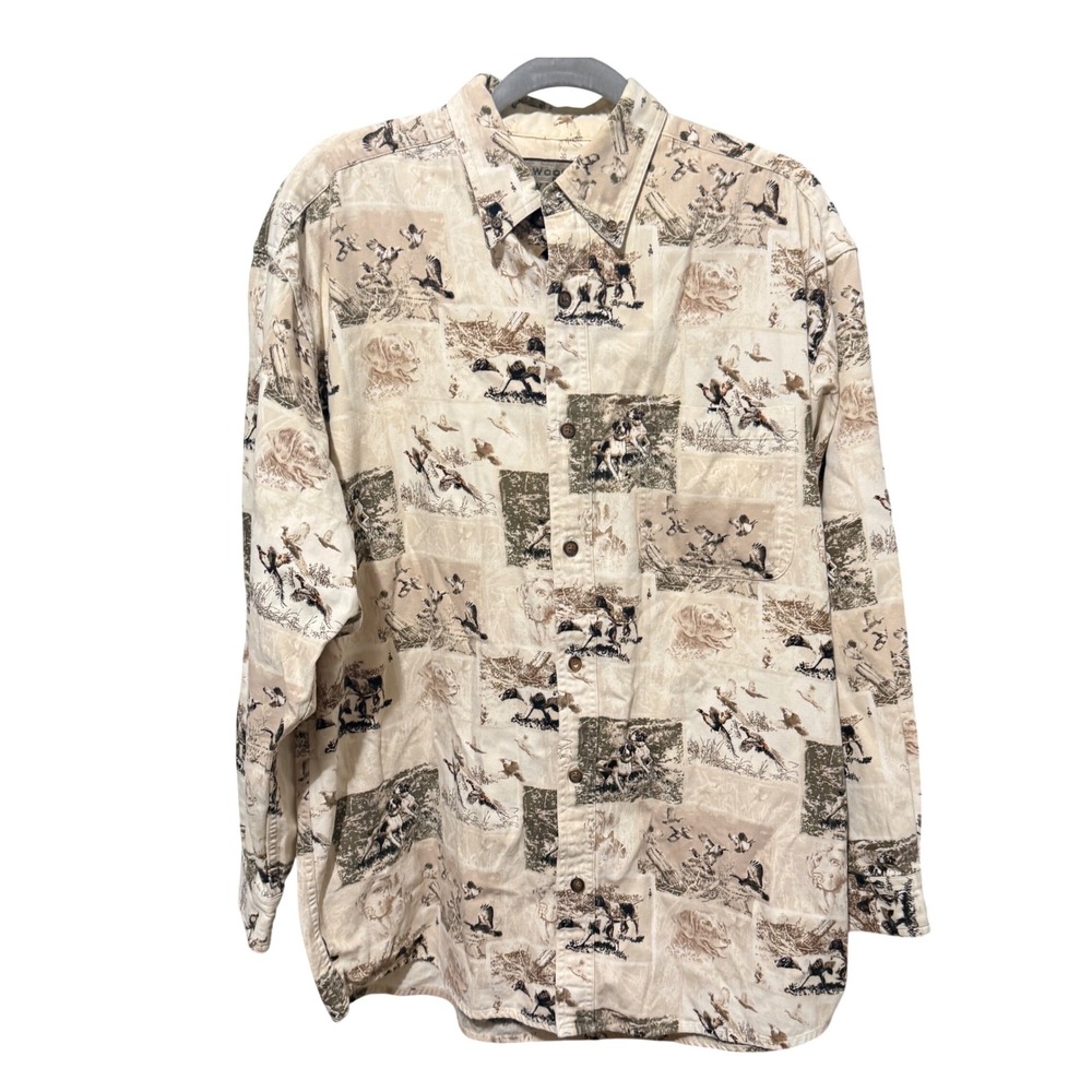 Woods & Water Button Down Hunting Dog Duck Print Large Tan Excellent Cotton